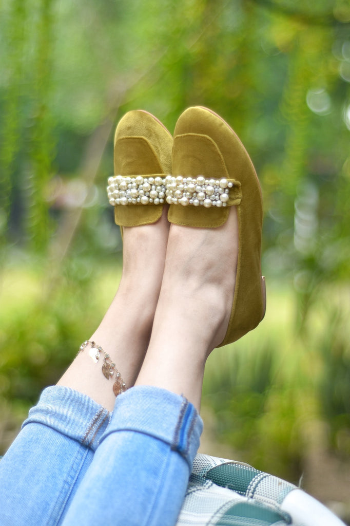 Velvet classic loafers  with a hint of pearls for everyday wear