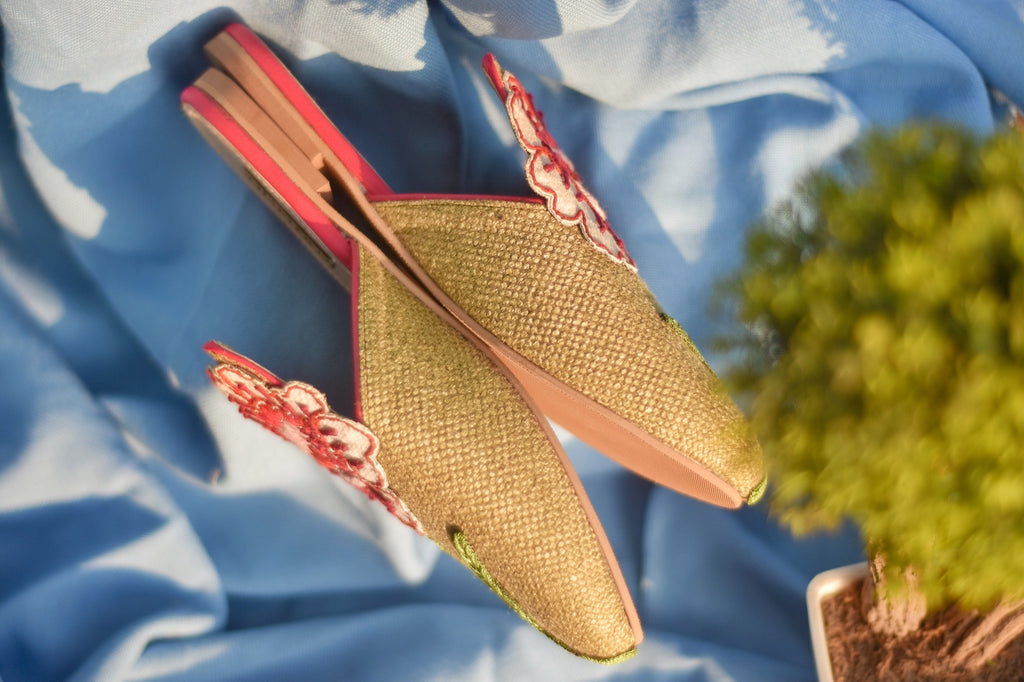 Woven Fabric mule with hand embroidered appliqué flower