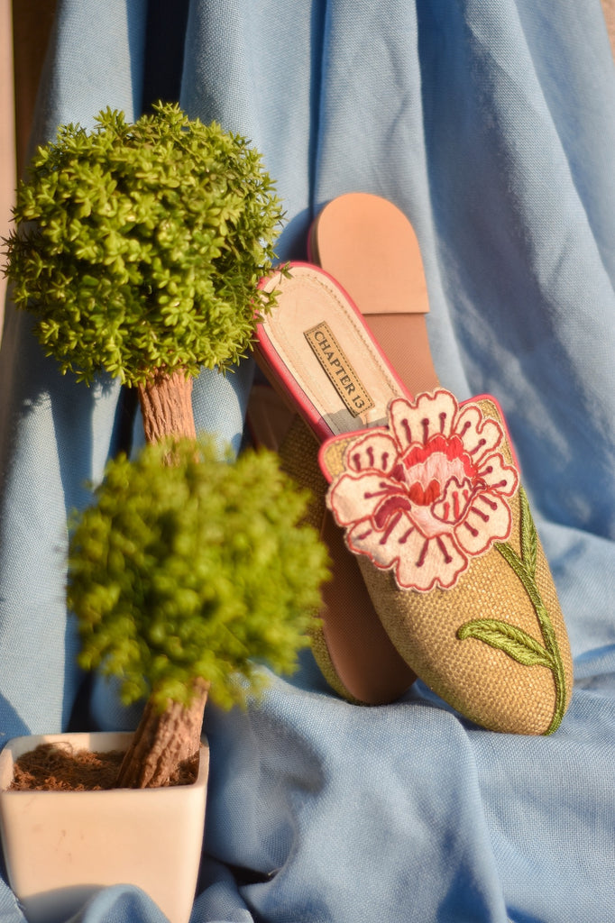 Woven Fabric mule with hand embroidered appliqué flower